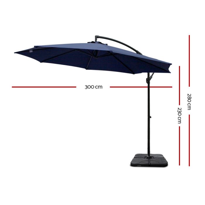 Instahut 3m Umbrella w/Base Outdoor Cantilever Beach Garden Patio Parasol Navy - Image 2