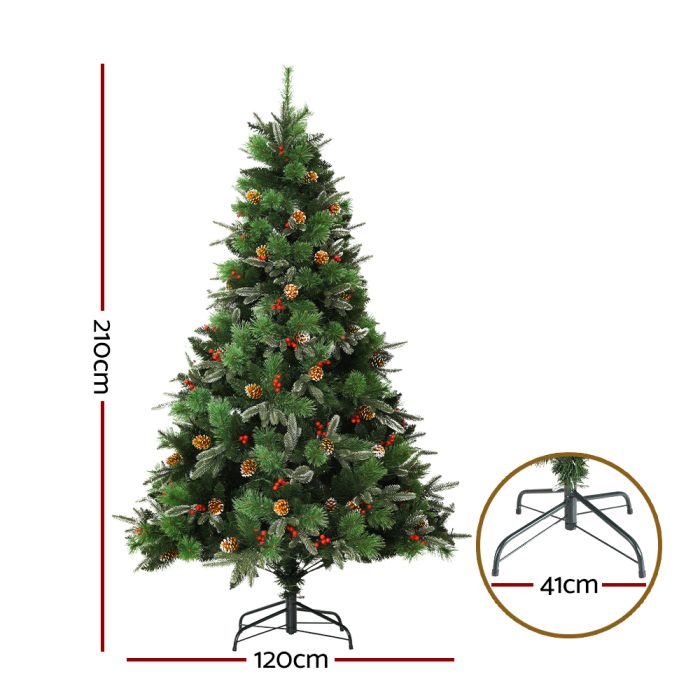Jingle Jollys 2.1M Christmas Tree with Pine Cones Red Berries Prelit LED Warm Lights - Image 2