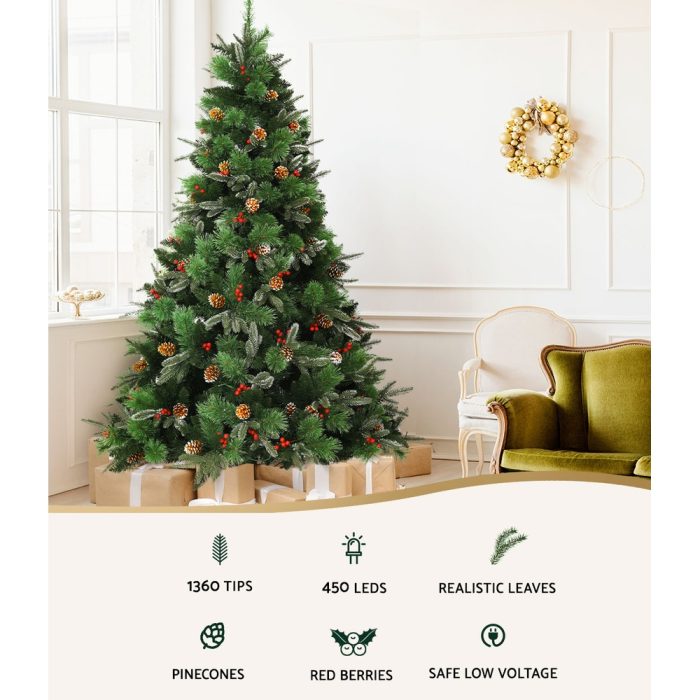 Jingle Jollys 2.1M Christmas Tree with Pine Cones Red Berries Prelit LED Warm Lights - Image 3